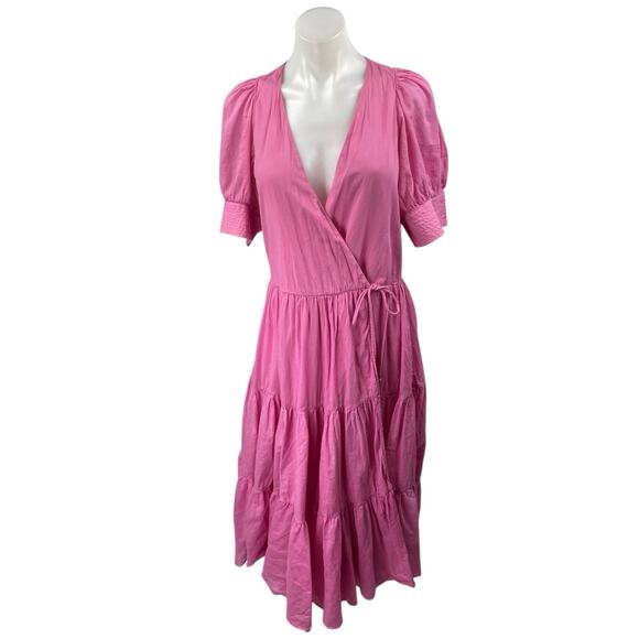 Rhode Womens Pink Short Puff Sleeve V-Neck A Line Tiered Wrap Midi Dress Size XS - Picture 1 of 4